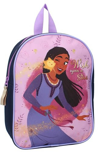 Disney WISH Asha und Star Shining Upon a Star - Rucksack für Kinder | Schule | Kindergarten - Lila und Schwarz - Maße 29 x 22 x 9 cm, Mehrfarbig Lila Schwarz, Einheitsgröße
