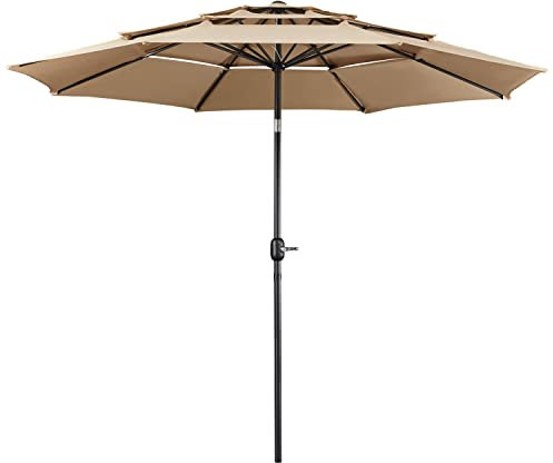 Yaheetech Sombrilla de 3 Niveles 3M para Exteriores con Tres Ventilación Sombrilla de Mercado Parasol Playa Inclinable con Manivela 8 Varillas Terraza para Exterior Patio Mercado Caqui