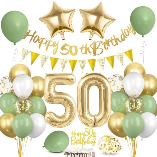 50 Geburtstag Deko Mann Frau, Luftballon Grün Gold, Happy Birthday Banner Wimpelkette, Folienballon Zahl 50, Cake Topper für Party Dekoration