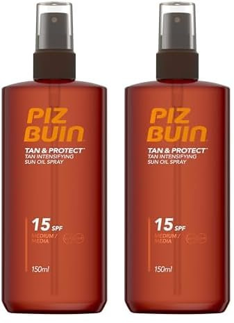 PIZ BUIN Protector Solar Líquido en Spray SPF15, Tan & Protect Acelerador del Bronceado Corporal y Facial, No comedogénico, para todos los tipos de piel, con Vitamina E y Protección UVA/UVB, 150 ml