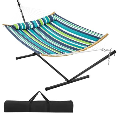 Yaheetech Hamac pour 2 Personnes avec Support Charge 216 kg Hamac Double sur Pied Toile avec Barre Oreiller Sac de Transport pour Cour, Extérieur, Jardin,Terrasse, Piscine Vert Rayé