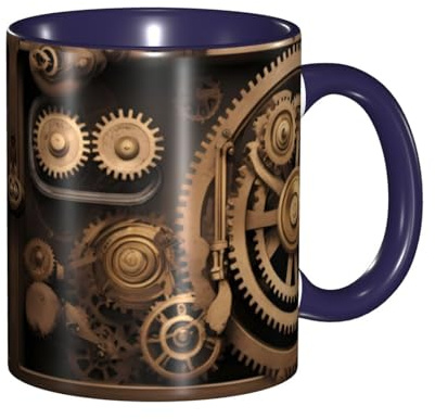 Navy Blue Classic Mugs ceramic mug Suitable for cappuccino, latte, cereal, yogurt, milk, hot or cold drinks Micro-wave oven Gold mechanical gear Prints