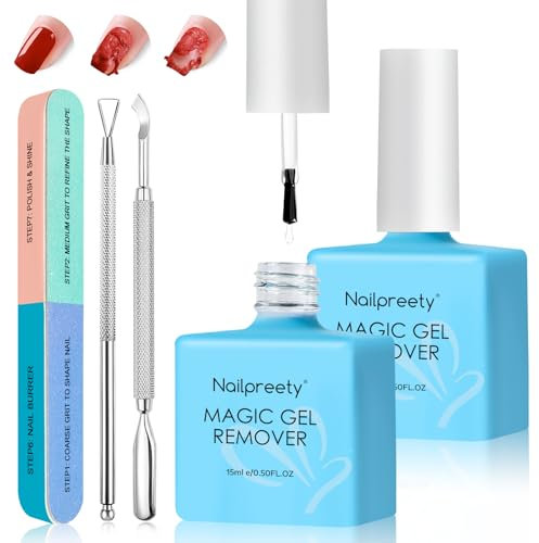 2 Stück 15 ml Nagellackentferner,Professioneller Gel Nagellack Entfernung,Mit 2 Werkzeug zum Entfernen von Rüstungen,1 Doppelseitiges Nagelfeile,Entfernen Sie Gelnägel Einfach,Abziehen In 3-5 Minuten.