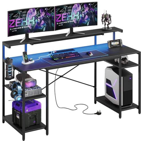 Bestier 140 CM Computer Desk with Power Outlets & LED Lights with Monitor Shelf Gaming Desk with Shelves Writing Desk with Storage Office Desk &Workstation for Home Office Bedroom