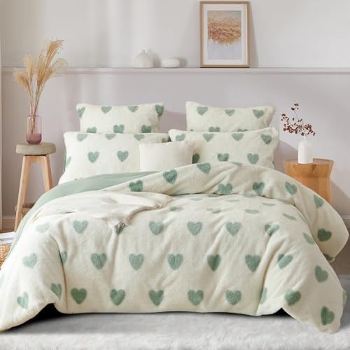 Nyescasa Plüsch Bettwäsche 135x200 Grün Herzen Warme Winter Flauschig Flanell Biber Wendebettwäsche Langhaar Deckenbezug Fleece Cashmere Touch 2 Bettbezug mit Reißverschluss und 2 Kissenbezug 80x80cm