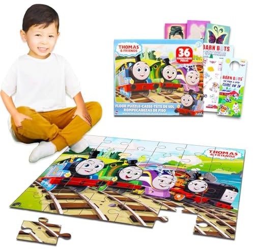 Thomas der Zug Bodenpuzzle für Kinder, Kleinkinder – Bundle mit 36 Teilen Thomas und seine Freunde Bodenpuzzle, Aufkleber, Tattoos, mehr | Thomas der Zug Spielzeug für Jungen