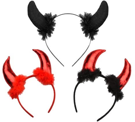 ARROMI Devil Horns and Fork Costume Set - Horns Headband, Ears, Tail - Halloween Party Headwear (Black Red)