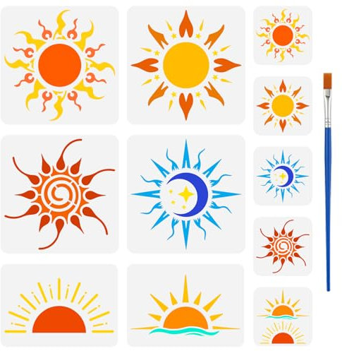 FINGERINSPIRE 11 Boho Sonnenschablone Mit Pinsel 3 Größen Sonnenschablone Die Sonnenaufgang Malschablone Wiederverwendbare Sonnenlicht Sprühschablone Sonne Mond Stern Zeichenvorlagen Für Wandfliesen