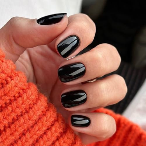 DMQ Square False Nails Medium, 24Pcs Black French Tip Press on Nails Glossy Pure Color Gel Fake Nails, Natural Black Glue on Nails Full Cover Acrylic Oval Stick on Nail for Women and Girls