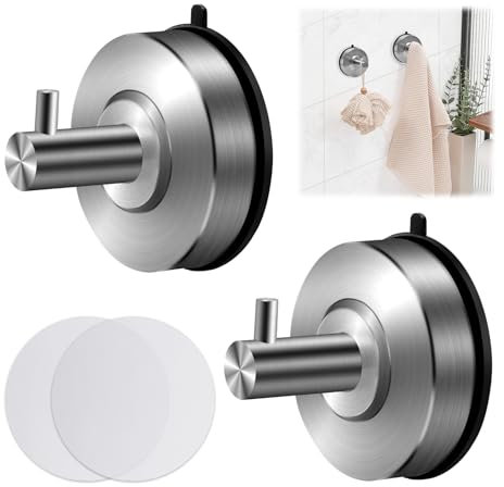 CGBE 2-Pack Heavy Duty Suction Hooks: 304 Stainless Steel Rustproof No-Drill Suction Cup Hooks - Waterproof Reusable for Bathroom, Shower, Kitchen (Silver)
