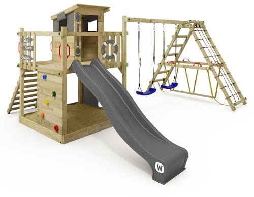 WICKEY Spielturm Klettergerüst Smart Surf mit Schaukel & Rutsche, Outdoor Kinder Kletterturm mit Sandkasten, Leiter & Spiel-Zubehör für den Garten (Anthrazit)