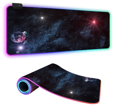 Mateju Bunter Sternenhimmel RGB Mousepad, rutschfeste Gummibasis Mauspad, Mousepad XXL/XL/l 14 Beleuchtungs Modi und 7 LED Farben, Gaming Mauspad mit Vernähte Kanten (Schwarz,800x300x4mm)