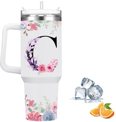 FOLAI Travel Mug,Drink Flasks for Hot & Cold,Stainless Steel Double Wall Vacuum Insulated Coffee Water Bottle, 40oz Tumbler with Straw and Lid Handle,Letter Printed Personalised Gifts(C)