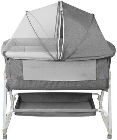Belfoyer 4 in 1 Kinderbeistellbetten bis 60 kg,Baby Reisebett Babybett,Beistellbett Baby,Babybett 6 Fach höhenverstellbar,Kinderreisebett Kinderbett mit Matratze(92x52x106-118cm,Leinengrau)