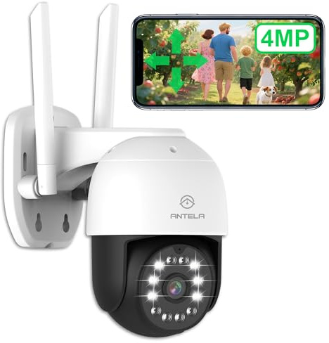 ANTELA 4 MP/2,5 K externe WLAN-Kamera, Nachtsicht in Farbe/IR/Smart 50 m mit Projektor, Bewegungserkennung, 360°PTZ mit 24/7-Aufnahme, IP65, 2,4 GHz