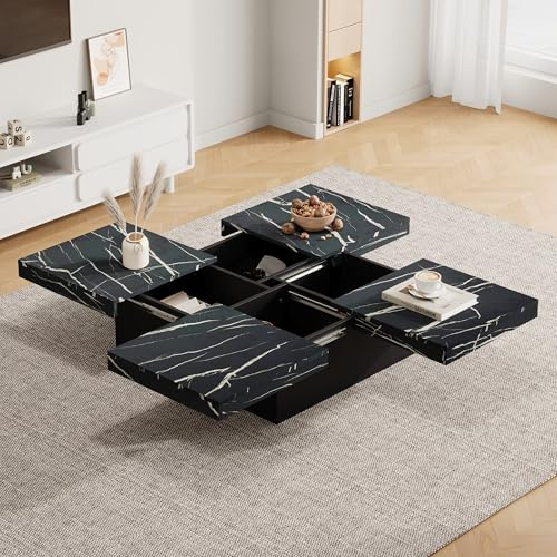 BTM Moderner Schwarz Quadratischer Couchtisch mit Marmor-Optik, 90 x 90 x 25 cm – Vier Schubladen, Schiebbarer Tischplatte, Belastbar bis 30 kg