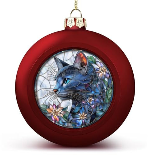 Glasmalerei, russische blaue Katze mit Blumen, Weihnachtskugel, Ornamente, bruchsicher, hängende Weihnachtskugeln für Weihnachtsbaumdekoration, rote Weihnachtsbaumkugeln für Urlaub, Hochzeit, Party