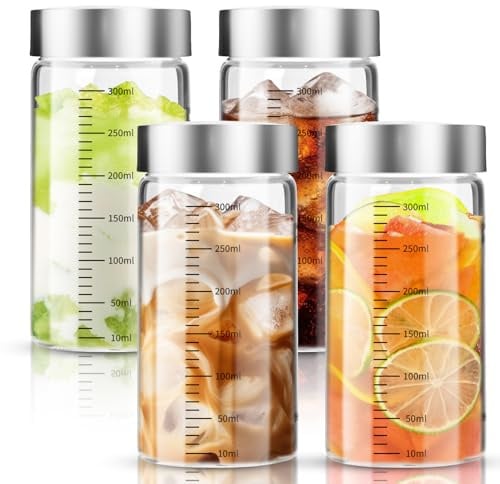 DUBUOZA 4er Glasflaschen 300ml mit Edelstahl Deckel,Smoothie Gläser Sets mit Messskala,Wiederverwendbar Glaswasserflasche,Smoothie Becher to go für Säfte, Smoothies, Kaffee, Milch, Tee (300ML)