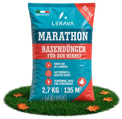 LERAVA Marathon Herbstrasendünger (2,7 kg für 135 m²) | Rasendünger Herbst organisch-mineralisch mit Langzeitwirkung, NPK 15-5-10 mit Magnesium und Schwefel, Granulat zum Streuen
