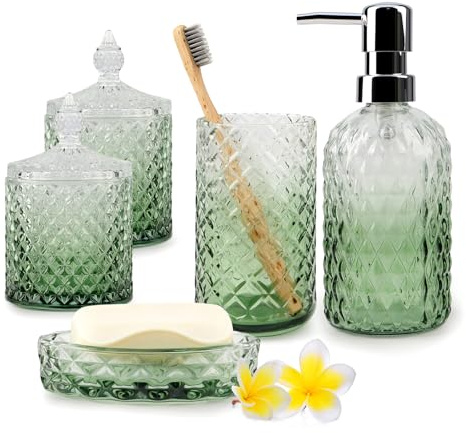 Glass Bathroom Accessories Set 5pcs- Gradient Green & Clear Soap Dispenser, Toothbrush Holder, Soap Dish, Tumbler & Cotton Swab Jar - Modern, Elegant & Durable Bathroom Decor