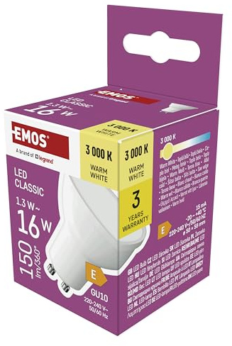 EMOS - LED Lampe Spot, 1,3 W Ersatz für 16 W Halogenlampe - MR16 Reflektorlampe mit GU10 Sockel - Helligkeit 150 lm Warmweiß 3000 K - 30000 h Lebensdauer, CRI min. 80, 100° Abstrahlwinkel - Weiß