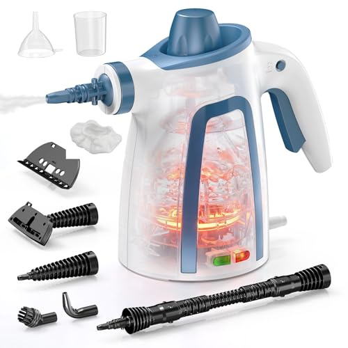 Handheld Steam Cleaner, 1050W Pressurised Steam Cleaner with 3.9 m Power Cord, Safety Lock and 9 Accessories, Multi-Purpose Steamer for Home, Floors, Grout, Tiles, Upholstery and Cars, White