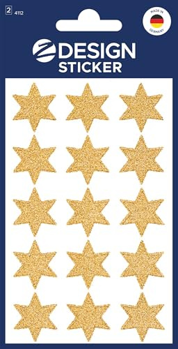 AVERY Zweckform 30 Aufkleber Weihnachten Sterne gold (Made in Germany, glitzernde Weihnachtssticker Papier, selbstklebende Weihnachtdeko für Karten, Geschenke, Tüten) 2 Bogen/je 15 Sternsticker, 4112