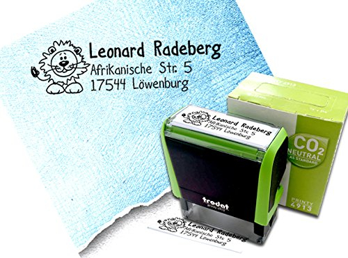 Stempel Individueller Adressstempel Kleiner LÖWE - Schulstempel personalisiert Name Adresse Tier, Geschenk für Kinder - AUTOMATIKSTEMPEL Trodat Printy 4913 - zAcheR-fineT