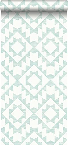 Tapete Marrakescher Aztec-Teppich Pastell Mintgrün und Weiß - 148674 - von ESTAhome