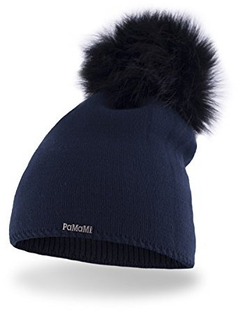 PaMaMi Winter Damen Mütze Mit Perlen - Warme Wintermütze Mit Kunstfell Bommel - Slouch Beanie - Fleece Gefütterte Bommelmütze (Dunkelblau)