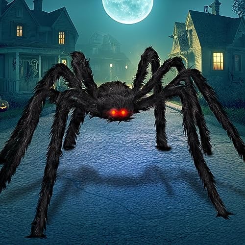 JOYIN 2 m Halloween-Haarspinnen, Outdoor-Dekorationen, beleuchtete LED-Augen, gruselige riesige Spinne, gefälschte große Spinne, haarige Spinne, Requisiten für Halloween, Hofdekorationen