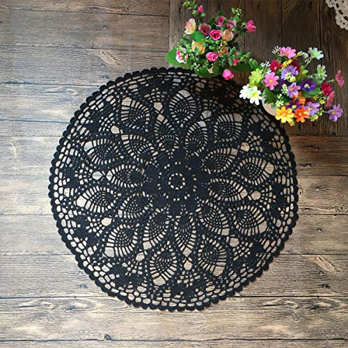 MINDPLUS Baumwolle Hand Häkeln Deckchen Spitze Gehäkelt Tischdecke Deckchen Tischset 60 cm Rund Schwarz