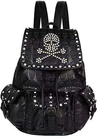 FiveloveTwo Damen Nieten Rucksack Strass Daypack Multi-Pocket Geldbörse Schädel Umhängetasche Shopper Schwarz