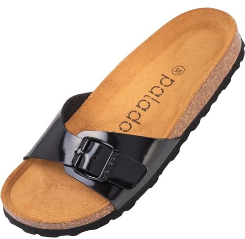 Palado Pantoletten Damen Malta Lack – Sandalen Made in Spain - elegante Hausschuhe mit Kork-Fußbett - modische Sommerschuhe Schwarz UK3,5 - EU36