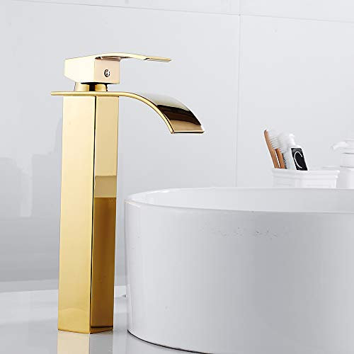 Robinet salle de bain lavabo cascade haut michoeur salle de bain haute en cascade avec eau chaude et froide en laiton (OR)