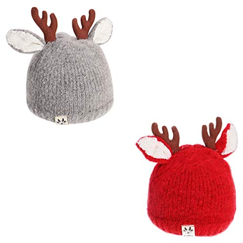 BESPORTBLE 2Pcs Kind Stricken Mütze Rentier Geweih Mütze Hüte Entzückende Warme Wintermütze Weihnachtskostüm Geburtstagsgeschenk für Kind Kleinkind Jungen M?dchen (Rot Grau)