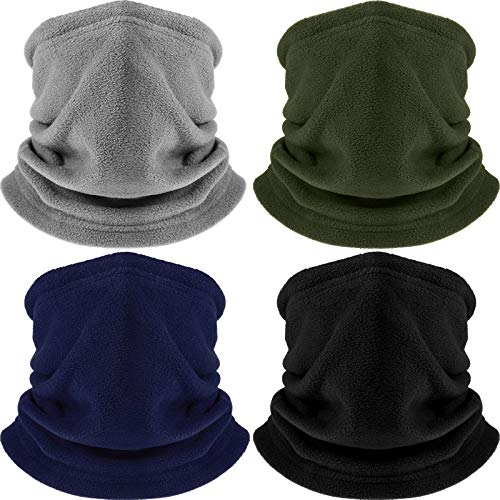 Hicarer 4 Pieces Winter Fleece Neck Warmer Snoods for Men Women Gaiter Thick Thermal Windproof Ski Neck Scarf Balaclava(Black, Gray, Army Green, Navy Blue)