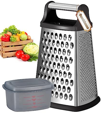 Ourokhome Professionelle Kastenreibe mit Behälter, Edelstahl 4 Seiten, Küchenschneider Aktenvernichter Zester Reibe für Parmesankäse, 25.4 cm, ein widerstandsfähiger Handschuh für Geschenk (schwarz)