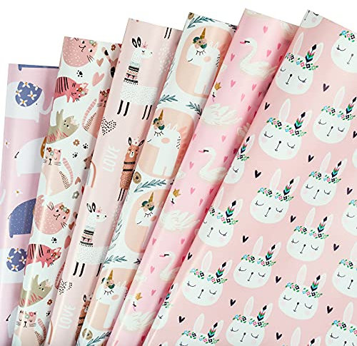RUSPEPA Baby Girl Packpapier - Weißer Schwan Und Süßes Häschen-Design Für Geburtstage, Partys, Babypartys - 1 Rolle Enthält 6 Blätter - 44,5 cm X 1 m Pro Blatt