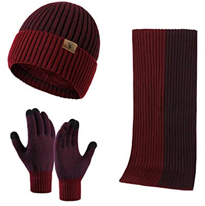 INSISMY Mütze Schal und Touchscreen Handschuhe Set Wintermütze Thermohandschuhe Schal für Herren Strickmütze 3 STÜCKE Unisex Hüte für Damen Winter Accessoires für Herren Damen