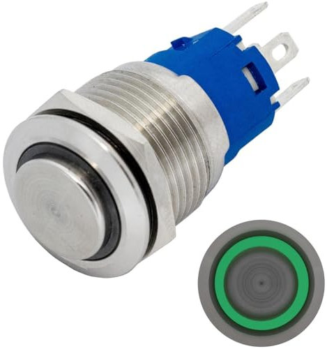 Lumonic Edelstahl Drucktaster erhaben 19mm Durchmesser I Mit einer Ring LED in Grün Maße: 2,8x0,5mm Pin s 250V 3A I Vandalismussicher nach dem IP65 Standard