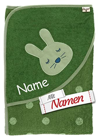 Sterntaler Kapuzenhandtuch Hase Kinni in Dunkelgrün personalisiert mit Namen, GOTS Zertifiziert Badetuch Bestickt für Baby & Kinder, Junge Mädchen Badehandtuch/Kinder-Badetuch mit Kapuze