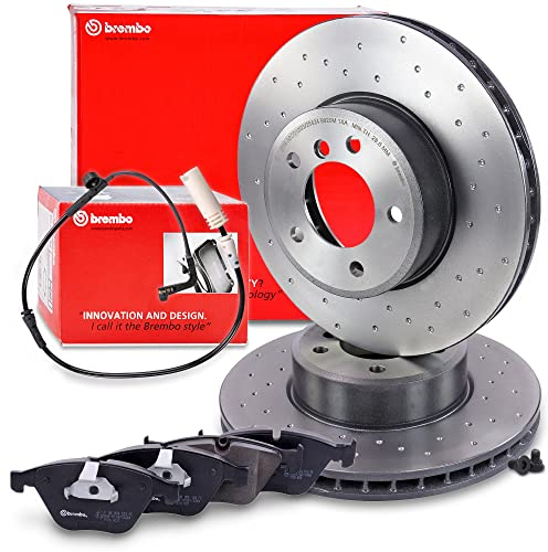BREMBO XTRA LINE Bremsenset Vorderachse inkl. Gelochte Sport-Bremsscheiben Vorne Ø 324 mm Belüftet und Bremsbeläge Vorne + Verschleißkontakt, Kompatibel mit BMW 5er (E60) (E61), 6 (E63) (E64)