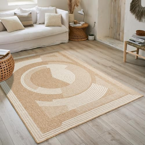 Tapis Nature, Tapis Naturel Boheme, Tapis Aspect Jute, Tapis Salon, Chambre, Couloirs, Tapis Extérieur, Couleur Naturelle (80x80 cm Round, 8865 Blanc)