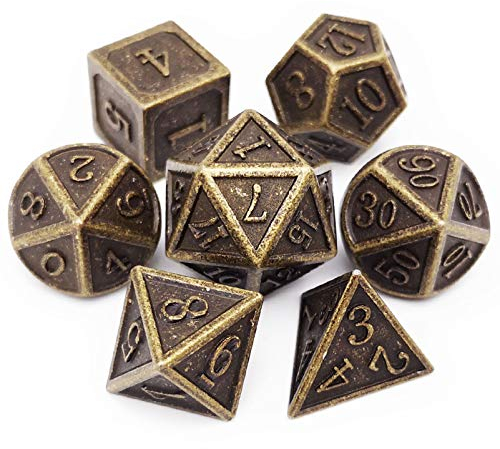 Haxtec DND Metal Dice Set 7PCS D&D Metall Würfel of D20 D12 D10 D8 D6 D4 for Dungeons and Dragons RPG Dice Games-Antique Bronze Dice