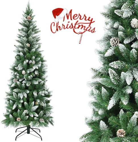 GYMAX Sapin de Noël 220cm Artificiel Mince avec 39 Pommes de Pin Décoratives, 720 Branches Recouvertes de Neige, Support Métal, pour Maison, Magasin, Café