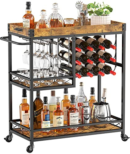 Lifewit 3 Tier Bar Cart with 12 Wine Racks, Serving Trolley, Rustic Brown