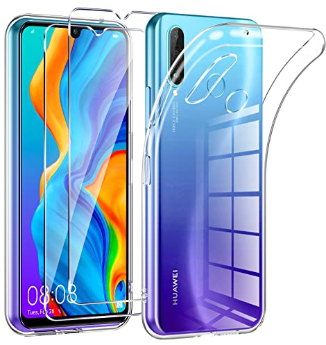 Phoona Funda para Huawei P30 Lite Carcasa con 2 Piezas Cristal Templado,Transparente Silicona TPU Protección Funda para Huawei P30 Lite Anti-Choques y Anti-Arañazos Caso