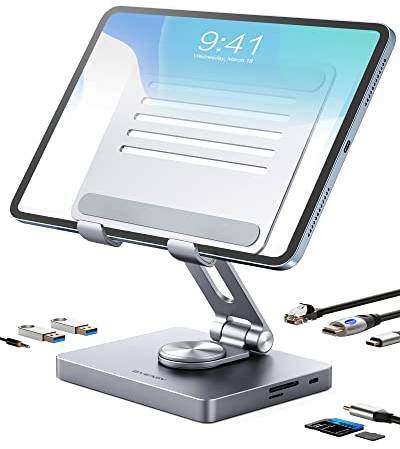 BYEASY USB C Hub Ständer, 8 in 1 Laptop Dockingstation, Typ-C Tablet Ständer mit HDMI, 3.5 mm Klinke, LAN, 100 W PD Aufladung, 2 x USB 3.0, SD/Micro SD, für iPad Pro und Anderen USB-C Pad