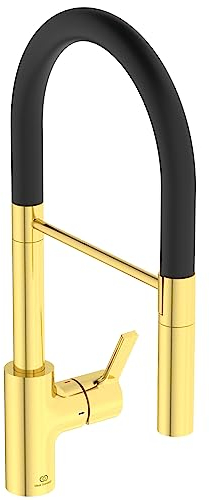 Ideal Standard – Gusto Küchenarmatur, Semi-Professional, mit 2-Funktionshandbrause an Silikonschlauch, Schwenkbereich 360°, 6,1 l/min, Schnellmontagesystem EasyFix+, Brushed Gold